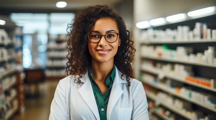 Schilderijen op glas Young beautiful hispanic woman pharmacist smiling confident standing at pharmacy © evgenia_lo