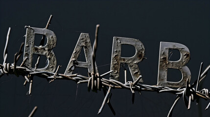 Rusted 'BARB' letters entwined in barbed wire against a stark, dark background - obrazy, fototapety, plakaty