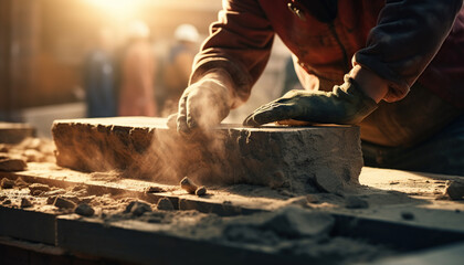 close up hand of bricklayer industrial worker