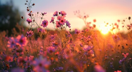 A Field of Pink Flowers Landscape Embracing the Setting Sun in Light White and Turquoise Tones