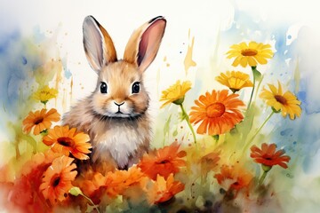 Small young rabbit is sitting in field among wildflowers and grass. Watercolor cute bunny and spring flowers. Happy Easter concept. Floral postcard, card, banner, element for design with animal