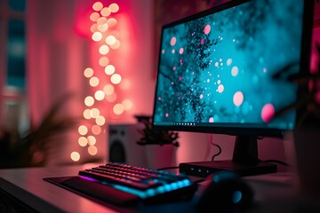 Gaming Monitor and Computer Illuminated by Blue and Pink Bokeh Lights, Embracing the Conceptual Digitalism