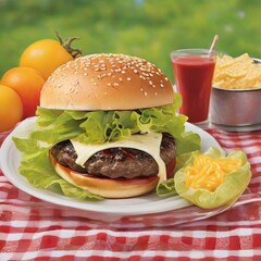 juicy perfectly grilled hamburger with side dishes