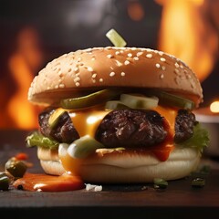 hamburger with jalapenos and hot sauce