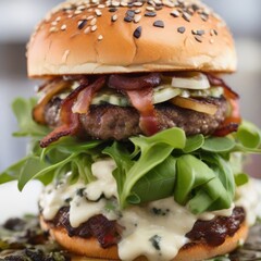 a burger with jalapenos, pepper jack, cheese and a fiery hot sauce