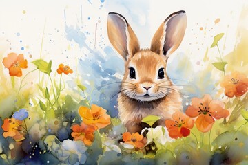 Small young rabbit is sitting in field among wildflowers and grass. Watercolor cute bunny and spring flowers. Happy Easter concept. Floral postcard, card, banner, element for design with animal - obrazy, fototapety, plakaty