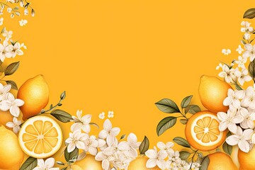 Border with lemon fruits citrus flowers and branches on orange background. Floral frame with tropic fruits. Watercolor summer or spring template with copy space. Tropical vintage card, banner, mockup - obrazy, fototapety, plakaty