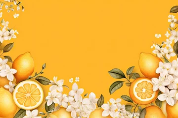 Foto op Plexiglas Border with lemon fruits citrus flowers and branches on orange background. Floral frame with tropic fruits. Watercolor summer or spring template with copy space. Tropical vintage card, banner, mockup © ratatosk