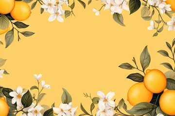 Border with lemon fruits citrus flowers and branches on orange background. Floral frame with tropic fruits. Watercolor summer or spring template with copy space. Tropical vintage card, banner, mockup