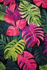Modern exotic foliage botanical tropical leaves and floral pattern. Abstract jungle nature background. Contemporary cartoon style. Design for print, poster, banner, wallpaper, textile