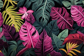 Modern exotic foliage botanical tropical leaves and floral pattern. Abstract jungle nature background. Contemporary cartoon style. Design for print, poster, banner, wallpaper, textile - obrazy, fototapety, plakaty
