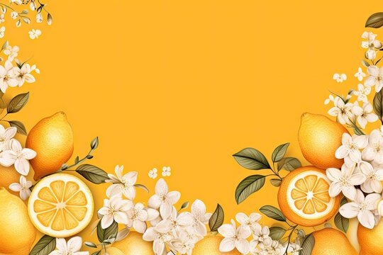 Border with lemon fruits citrus flowers and branches on orange background. Floral frame with tropic fruits. Watercolor summer or spring template with copy space. Tropical vintage card, banner, mockup