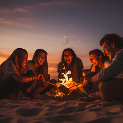 A group of friends enjoying a bonfire on the beach.