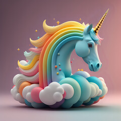 Abstract 3d unicorn and rainbow on clouds, cute unicorn background, 3d rendered - generated by ai