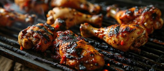 Chicken legs grilled on a hot barbecue after marinating. - obrazy, fototapety, plakaty