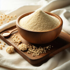 Raw Yellow Organic Nutritional Yeast in a Bowl, Levadura nutricional org&aacute;nica amarilla cruda en un taz&oacute;n, Nutritional yeast flakes, levadura nutricional, bowl on a table.