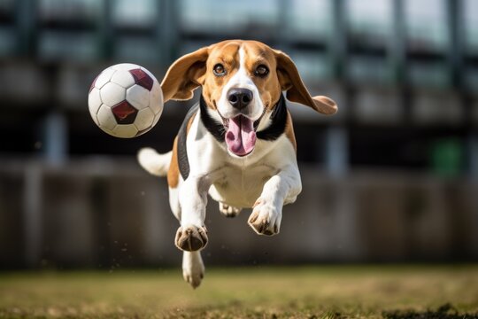 A beagle dog is jumping after a ball.