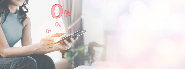 Panoramic web banner of happy young asian woman using mobile phone casually for online shopping,...