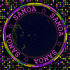 Futuristic Samoa on globe. Bright neon satellite view of the world centered on Samoa. Geographical illustration with the shape of the country and geometric background. Attractive vector illustration.