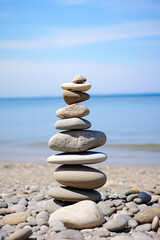 Fototapeta na wymiar Stack of round smooth stones on a seashore. Mental health and meditation concept
