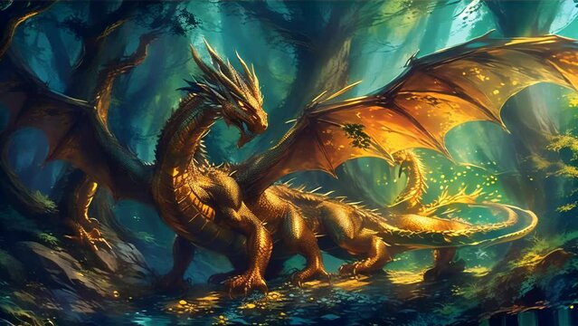 A colossal dragon, resplendent in gold, towers within a forest, its powerful form and widespread wings depicted.
