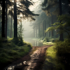 A misty morning in a tranquil forest.