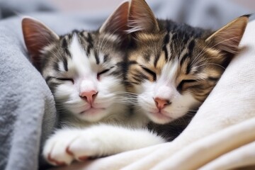 Two striped kittens are lying and sleeping in embrace