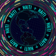 Haiti on globe. Satellite view of the world centered on Haiti. Bright neon style. Futuristic radial bricks background. Radiant vector illustration.