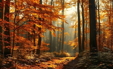 Autumn Radiance - Sunlight Illuminating Forest Path Amidst Vibrant Foliage, Light Orange and Dark Emerald Tones