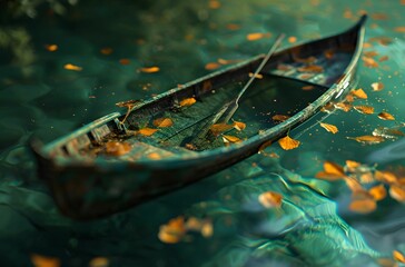 Leafy Voyage - White Wooden Boat Sailing Amidst Autumn Leaves on Tranquil Lake, Cinematic Beauty