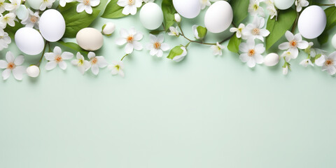 Border of Easter eggs with spring flowers and leaves. Top flat view with pastel green and white colors background