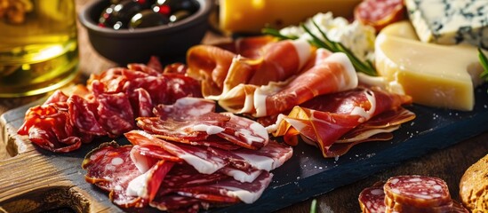 Traditional Spanish tapas with ham, salami, and goat cheese as a meat appetizer.