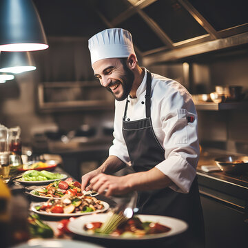 A smiling chef preparing a delicious meal in a restaurant kitchen.