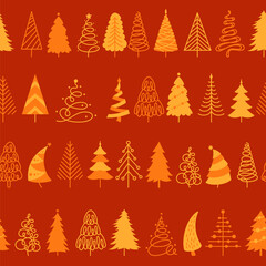 Obraz premium Christmas doodle tree New Year seamless pattern. Noel traditional symbol trendy boundless repeat background. Xmas winter pine wood endless design for print, textile wrapper packaging backdrop template