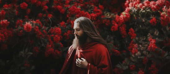 Jesus Christ in a red robe. A man with long hair and beard in front of blurred background with red flowers. Happy Easter concept. For poster, card, postcard, wallpaper - obrazy, fototapety, plakaty