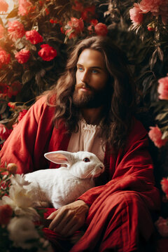 Jesus Christ in red robe holding a white rabbit. A man with blue eyes, long hair and beard is sitting amidst red flowers with white bunny on his knees. Happy Easter concept for poster, wallpaper, card