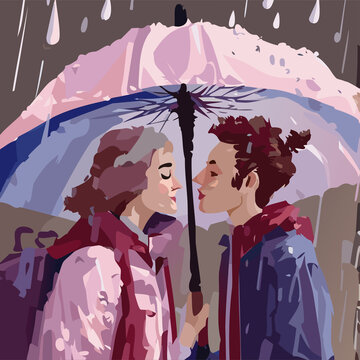 Pareja apunto de darse un beso bajo la lluvia con una sombrilla