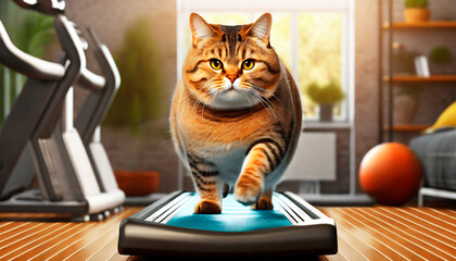 Overweight Obese Cat Walking On Treadmill