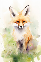 Fototapeta premium Portrait of an adorable and beautiful red fox on an adventure, featuring a watercolor painting with a splash of pastel colors