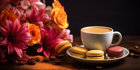 Fototapeta na wymiar A cup of warm coffee with background flowers and macaroons