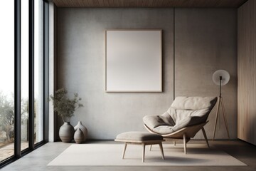 Interior of modern living room with concrete walls, concrete floor, beige armchair standing near coffee table and vertical mock up poster frame