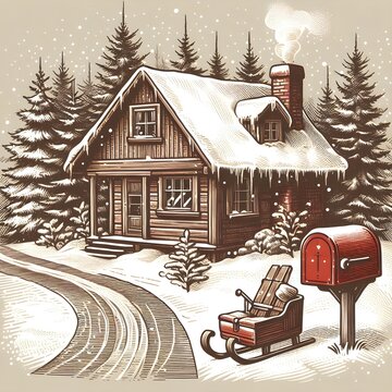 Create an image a Christmas scene with a small house in the snow