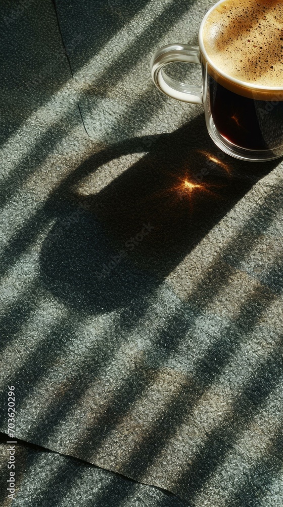 Poster a cup of coffee on a table with shadows. generative ai.