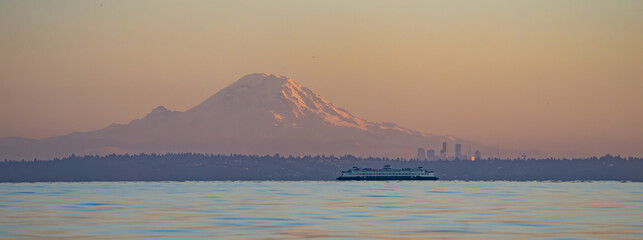 Panorama of Mount Rainier Towering Over Seattle and Edmonds Ferry