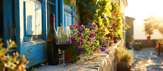 Beautiful terrace or balcony adorned with wine bottle, glass, and flowers. - obrazy, fototapety, plakaty