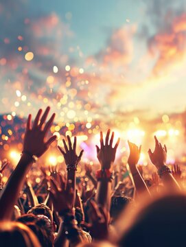 People at a music festival with their hands up. Generative AI.
