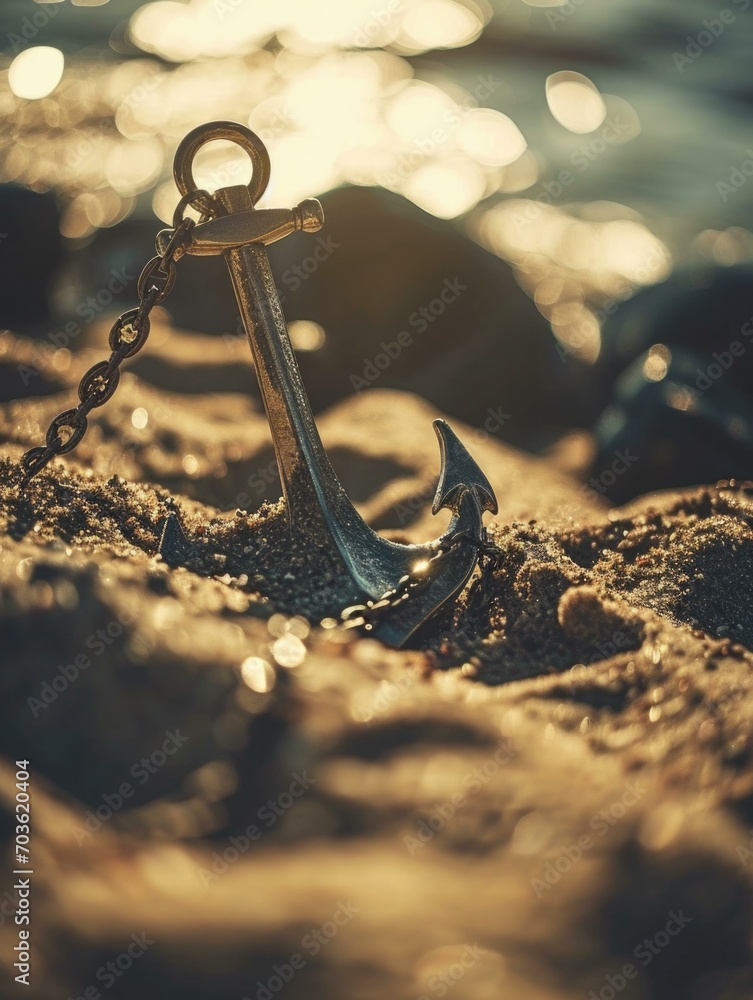 Poster an anchor on the beach with a chain. generative ai.