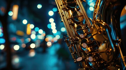 A saxophone is shown in the foreground of a city street. Generative AI.