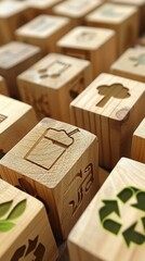 Wooden blocks with recycling symbols on them. Generative AI.