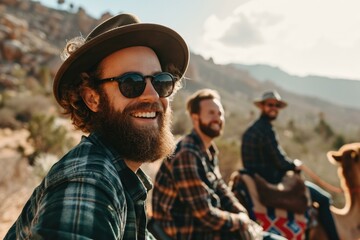 Three bearded men in plaid shirts and sunglasses riding camels. Generative AI.